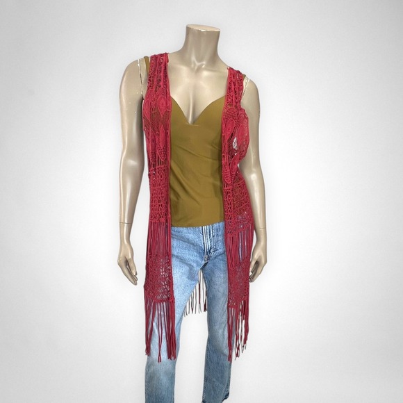 Garage Tops - GARAGE Rust Crochet Fringe Duster Vest Boho Open Knit Long Cardigan Festival m/l